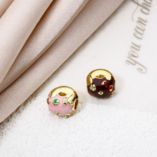 Picture of Eco-friendly Brass Beads For DIY Jewelry Making 18K Real Gold Plated Multicolor Donut Enamel 3D About 10mm x 9.5mm, Hole: Approx 2.8mm