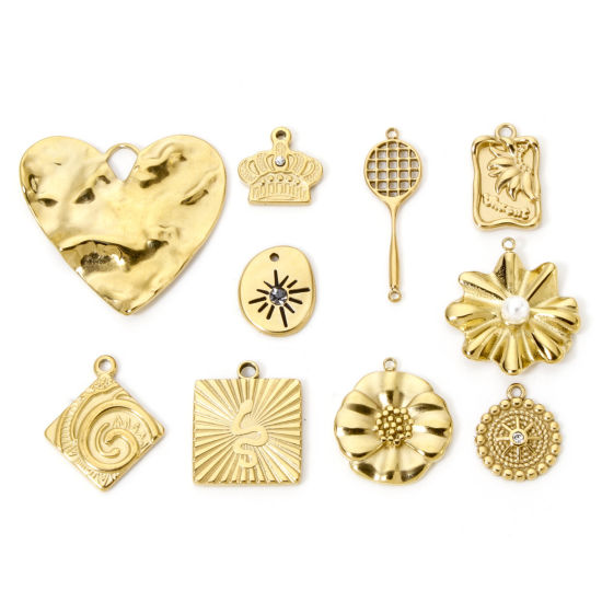 Picture of Eco-friendly Vacuum Plating 304 Stainless Steel Charms 14K Real Gold Plated Heart Flower Clear Rhinestone