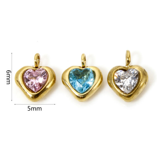 Picture of Eco-friendly Vacuum Plating 304 Stainless Steel Valentine's Day Charms 14K Real Gold Plated Heart Mini Multicolour Cubic Zirconia 6mm x 5mm