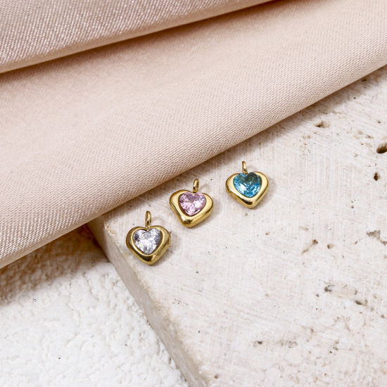 Picture of Eco-friendly Vacuum Plating 304 Stainless Steel Valentine's Day Charms 14K Real Gold Plated Heart Mini Multicolour Cubic Zirconia 6mm x 5mm