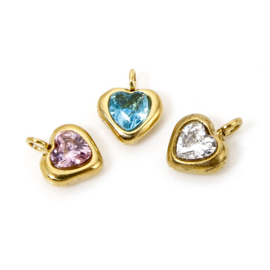 Picture of Eco-friendly Vacuum Plating 304 Stainless Steel Valentine's Day Charms 14K Real Gold Plated Heart Mini Multicolour Cubic Zirconia 6mm x 5mm