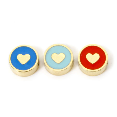 Picture of Eco-friendly Vacuum Plating 304 Stainless Steel Valentine's Day Beads For DIY Jewelry Making Flat Round 14K Real Gold Plated Multicolor Heart Enamel 8mm Dia., Hole: Approx 1.8mm