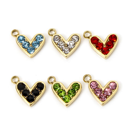 Image de 1 Pièce Breloques en 304 Acier Inoxydable Placage Sous Vide Écologique La Saint Valentin Cœur Plaqué Or Véritable 14K à Strass Coloré 10mm x 9mm