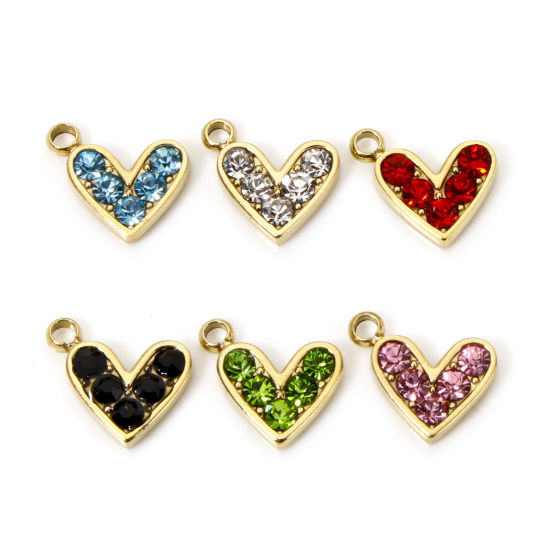 Picture of Eco-friendly Vacuum Plating 304 Stainless Steel Valentine's Day Charms 14K Real Gold Plated Heart Multicolor Rhinestone 10mm x 9mm