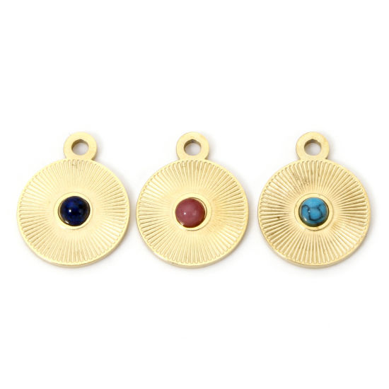 Изображение 1 ШТ Экологически чистое вакуумное покрытие 304 Нержавеющая Сталь Геометрический Подвески Круглые 14K настоящее золото с покрытием Разноцветный Кабошоны с синтетическим драгоценным Камнем 15мм x 12мм