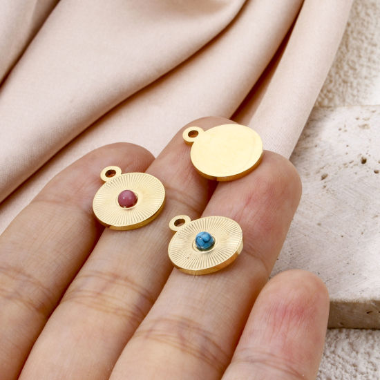 Изображение 1 ШТ Экологически чистое вакуумное покрытие 304 Нержавеющая Сталь Геометрический Подвески Круглые 14K настоящее золото с покрытием Разноцветный Кабошоны с синтетическим драгоценным Камнем 15мм x 12мм