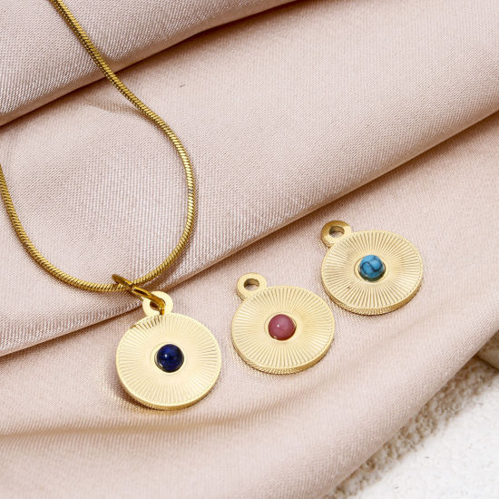 Изображение 1 ШТ Экологически чистое вакуумное покрытие 304 Нержавеющая Сталь Геометрический Подвески Круглые 14K настоящее золото с покрытием Разноцветный Кабошоны с синтетическим драгоценным Камнем 15мм x 12мм