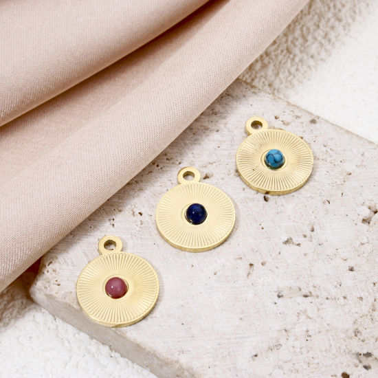 Изображение 1 ШТ Экологически чистое вакуумное покрытие 304 Нержавеющая Сталь Геометрический Подвески Круглые 14K настоящее золото с покрытием Разноцветный Кабошоны с синтетическим драгоценным Камнем 15мм x 12мм