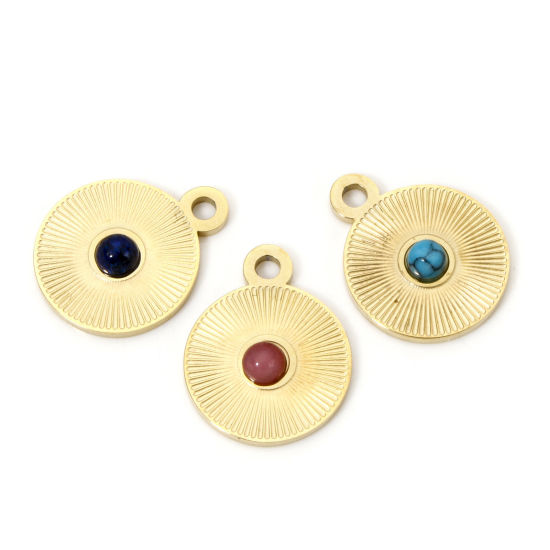Изображение 1 ШТ Экологически чистое вакуумное покрытие 304 Нержавеющая Сталь Геометрический Подвески Круглые 14K настоящее золото с покрытием Разноцветный Кабошоны с синтетическим драгоценным Камнем 15мм x 12мм