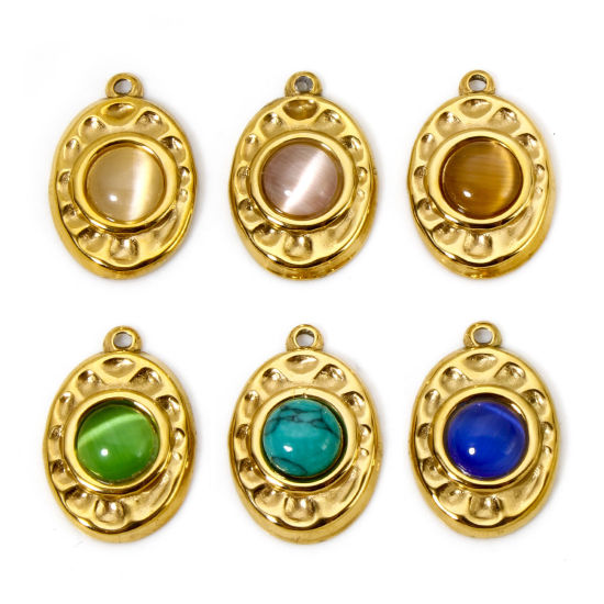 Picture of Eco-friendly Vacuum Plating 304 Stainless Steel Hammered Charms 18K Real Gold Plated Multicolor Oval With Synthetic Gemstone Cabochons 18mm x 12mm