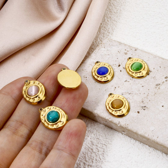 Picture of Eco-friendly Vacuum Plating 304 Stainless Steel Hammered Charms 18K Real Gold Plated Multicolor Oval With Synthetic Gemstone Cabochons 18mm x 12mm