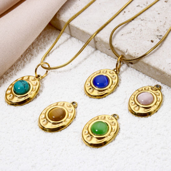 Picture of Eco-friendly Vacuum Plating 304 Stainless Steel Hammered Charms 18K Real Gold Plated Multicolor Oval With Synthetic Gemstone Cabochons 18mm x 12mm