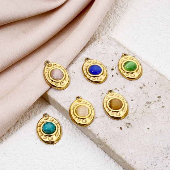 Picture of Eco-friendly Vacuum Plating 304 Stainless Steel Hammered Charms 18K Real Gold Plated Multicolor Oval With Synthetic Gemstone Cabochons 18mm x 12mm