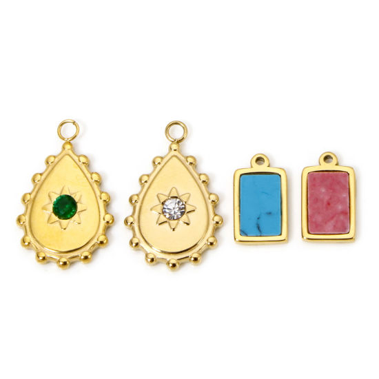 Picture of Eco-friendly Vacuum Plating 304 Stainless Steel Charms 18K Real Gold Plated Drop Rectangle With Synthetic Gemstone Cabochons