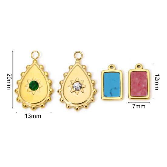 Picture of Eco-friendly Vacuum Plating 304 Stainless Steel Charms 18K Real Gold Plated Drop Rectangle With Synthetic Gemstone Cabochons