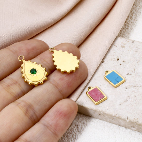 Picture of Eco-friendly Vacuum Plating 304 Stainless Steel Charms 18K Real Gold Plated Drop Rectangle With Synthetic Gemstone Cabochons