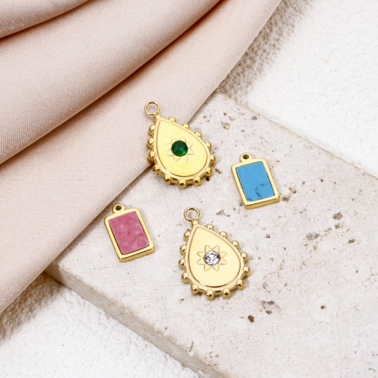 Picture of Eco-friendly Vacuum Plating 304 Stainless Steel Charms 18K Real Gold Plated Drop Rectangle With Synthetic Gemstone Cabochons