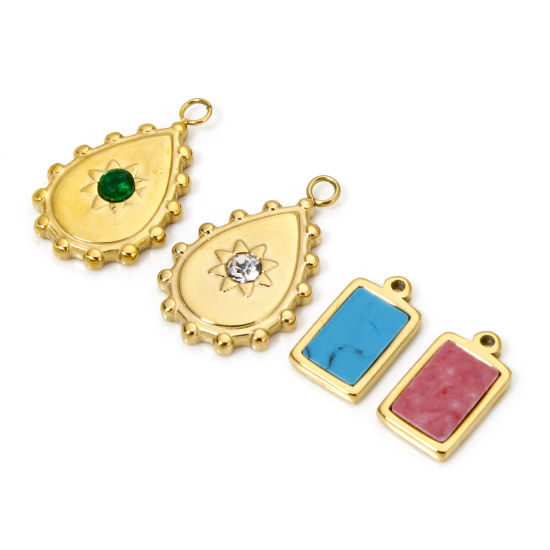 Picture of Eco-friendly Vacuum Plating 304 Stainless Steel Charms 18K Real Gold Plated Drop Rectangle With Synthetic Gemstone Cabochons