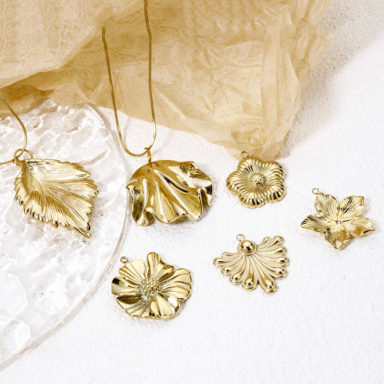 Image de 1 Pièce Breloques en 304 Acier Inoxydable Placage Sous Vide Écologique Collection Végétale Fleur Plaqué Or Véritable 14K Feuilles