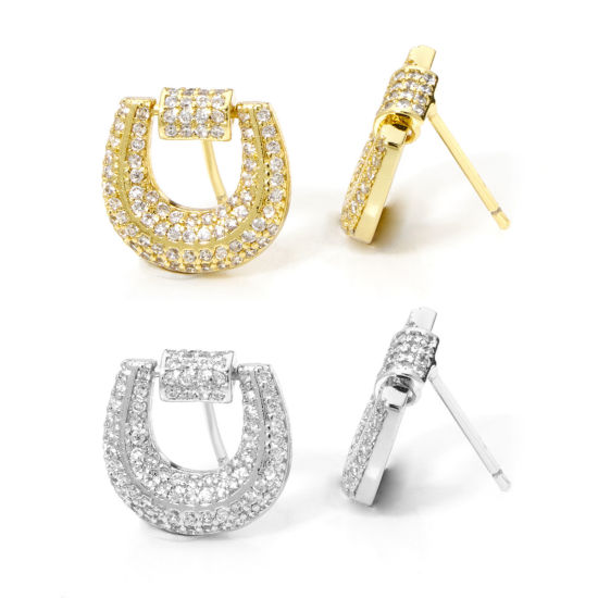 Picture of Eco-friendly Ins Style Stylish Real Gold Plated Brass Luck Horseshoe Micro Pave Ear Post Stud Earrings For Women 14mm x 13.5mm