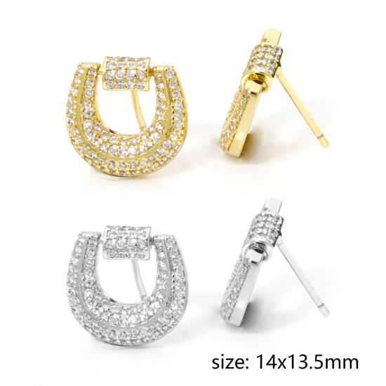 Picture of Eco-friendly Ins Style Stylish Real Gold Plated Brass Luck Horseshoe Micro Pave Ear Post Stud Earrings For Women 14mm x 13.5mm