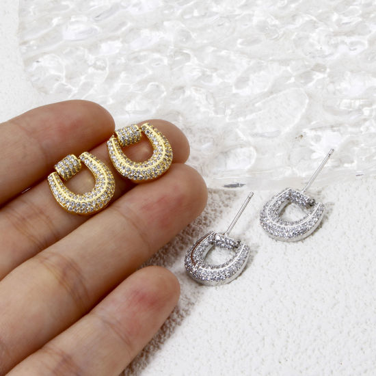 Picture of Eco-friendly Ins Style Stylish Real Gold Plated Brass Luck Horseshoe Micro Pave Ear Post Stud Earrings For Women 14mm x 13.5mm