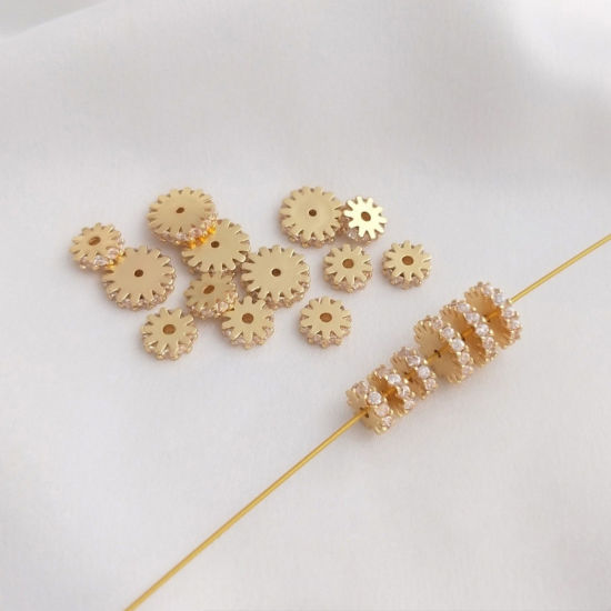 Picture of Eco-friendly Brass Spacer Beads For DIY Bracelet Jewelry Making Findings 14K Real Gold Plated Flat Round Gear Clear Cubic Zirconia