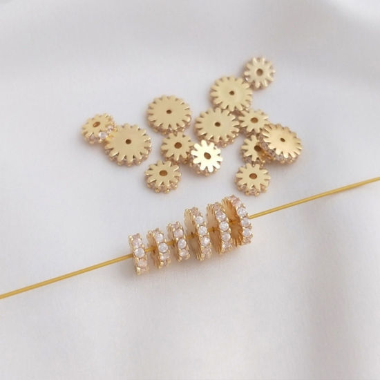 Picture of Eco-friendly Brass Spacer Beads For DIY Bracelet Jewelry Making Findings 14K Real Gold Plated Flat Round Gear Clear Cubic Zirconia