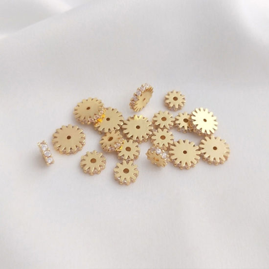 Picture of Eco-friendly Brass Spacer Beads For DIY Bracelet Jewelry Making Findings 14K Real Gold Plated Flat Round Gear Clear Cubic Zirconia