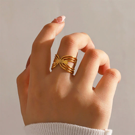 Immagine di 2 Pz Elegante Semplice Multicolore 304 Acciaio Inossidabile Aperto Striscia Filigrana Anello Per Donne 17mm x 14mm