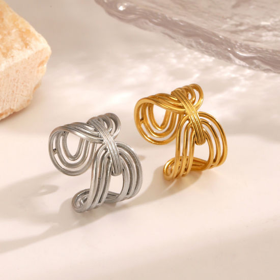 Immagine di 2 Pz Elegante Semplice Multicolore 304 Acciaio Inossidabile Aperto Striscia Filigrana Anello Per Donne 17mm x 14mm