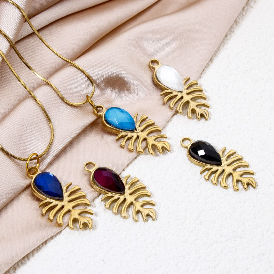 Imagen de 2 Unidades Enchapado al Vacío Ecológico 304 Acero Inoxidable Colección Flora Colgantes Gota 18K Oro Real Chapado Hoja de Monstera Multicolor Rhinestone 3cm x 1.5cm
