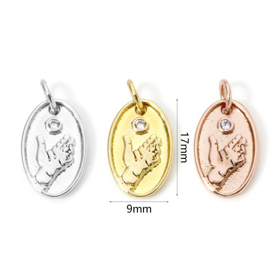 Picture of Eco-friendly Brass Charms Real Gold Plated Oval Gesture Clear Cubic Zirconia 17mm x 9mm