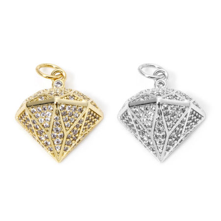 1 個 エコフレンドリー 真鍮 マイクロインレイシリーズ チャーム ダイヤモンド リアルゴールドメッキ クリアジルコン 20mmx 15mm、