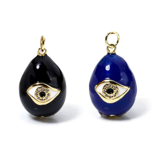 Picture of Eco-friendly Brass Religious Charms 18K Real Gold Plated Egg Evil Eye Enamel 25mm x 15mm