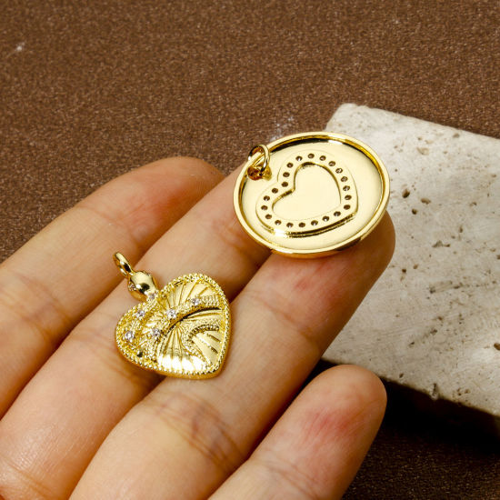 Picture of Eco-friendly Brass Valentine's Day Charms 18K Real Gold Plated Heart Micro Pave Clear Cubic Zirconia