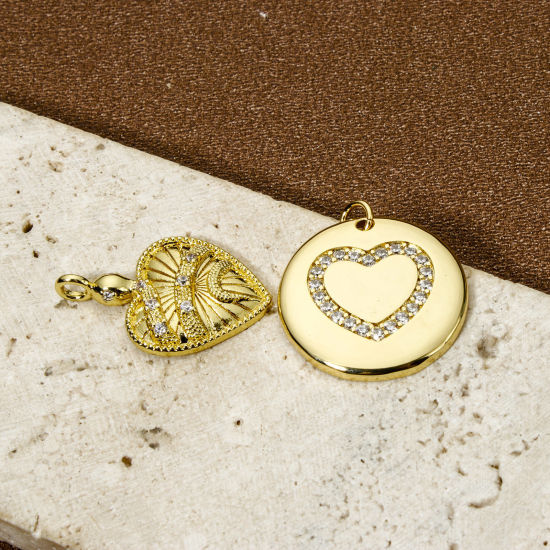 Picture of Eco-friendly Brass Valentine's Day Charms 18K Real Gold Plated Heart Micro Pave Clear Cubic Zirconia