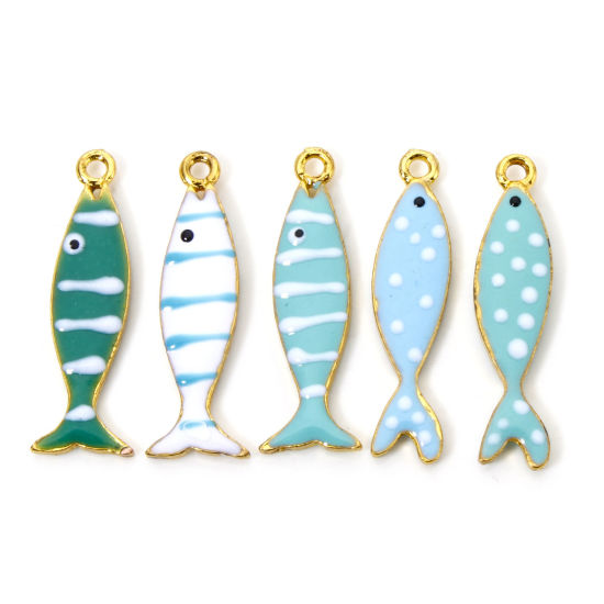 Image de 5 Pcs Breloques Sequins Emaillés Double Face en Alliage de Zinc Doré Multicolore Poisson Émail