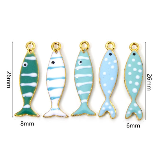 Image de 5 Pcs Breloques Sequins Emaillés Double Face en Alliage de Zinc Doré Multicolore Poisson Émail