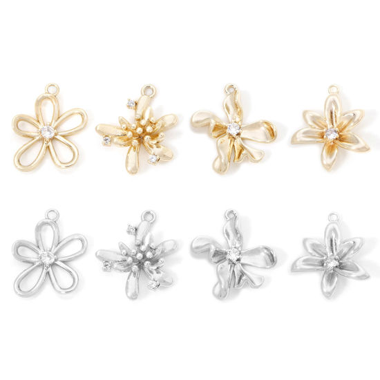 Picture of 2 PCs Eco-friendly Brass Charms Real Gold Plated Flower Hollow Clear Cubic Zirconia