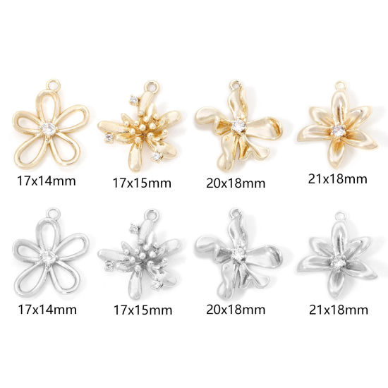 Picture of 2 PCs Eco-friendly Brass Charms Real Gold Plated Flower Hollow Clear Cubic Zirconia