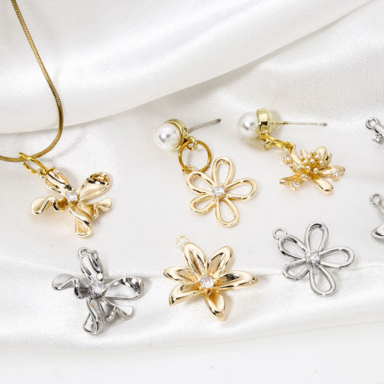 Picture of 2 PCs Eco-friendly Brass Charms Real Gold Plated Flower Hollow Clear Cubic Zirconia