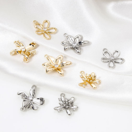 Picture of 2 PCs Eco-friendly Brass Charms Real Gold Plated Flower Hollow Clear Cubic Zirconia