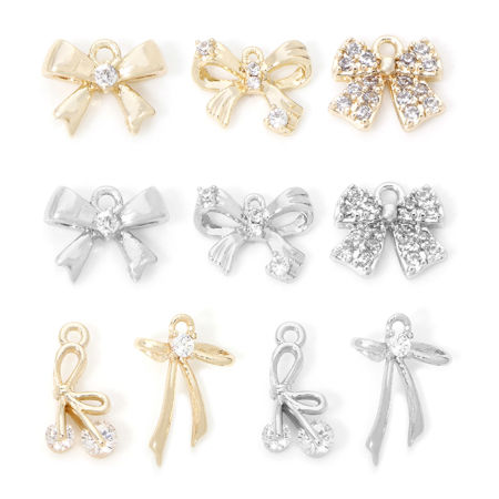 Eco-friendly Brass Clothes Charms Real Gold Plated Bowknot Clear Cubic Zirconia