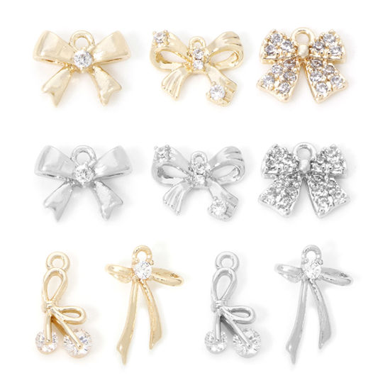 Picture of Eco-friendly Brass Clothes Charms Real Gold Plated Bowknot Clear Cubic Zirconia