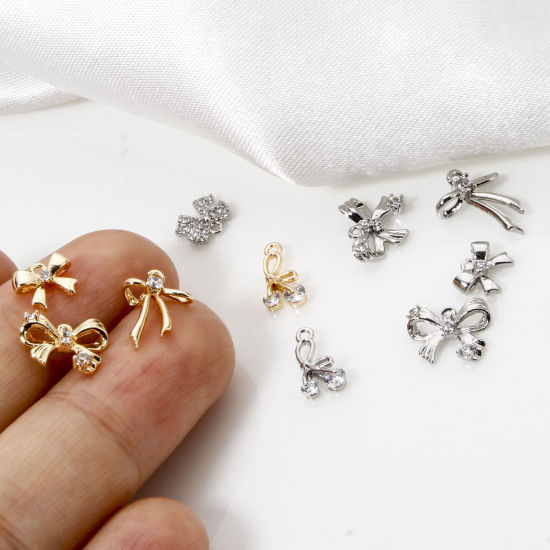 Picture of Eco-friendly Brass Clothes Charms Real Gold Plated Bowknot Clear Cubic Zirconia