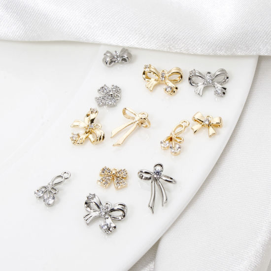 Picture of Eco-friendly Brass Clothes Charms Real Gold Plated Bowknot Clear Cubic Zirconia