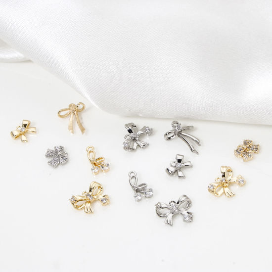 Picture of Eco-friendly Brass Clothes Charms Real Gold Plated Bowknot Clear Cubic Zirconia