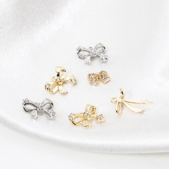 Picture of Eco-friendly Brass Clothes Charms Real Gold Plated Bowknot Clear Cubic Zirconia