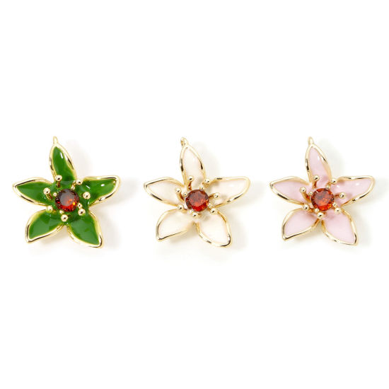 Immagine di 2 Pz Ecologico Ottone Ciondoli Fiore 18K Vero Oro Placcato Smalto Rosso Arancione Cubic Zirconiae 18mm x 16mm